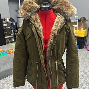 Zara Khaki Faux Fur Hooded Utility Jacket